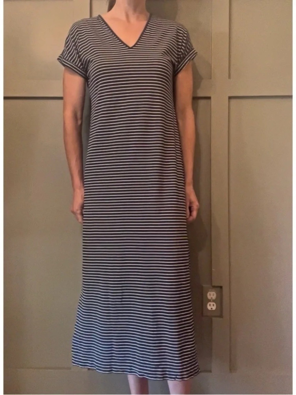 Boden Ella Striped Midi Maxi Dress Navy Blue White V-Neck Short Sleeve Size 4